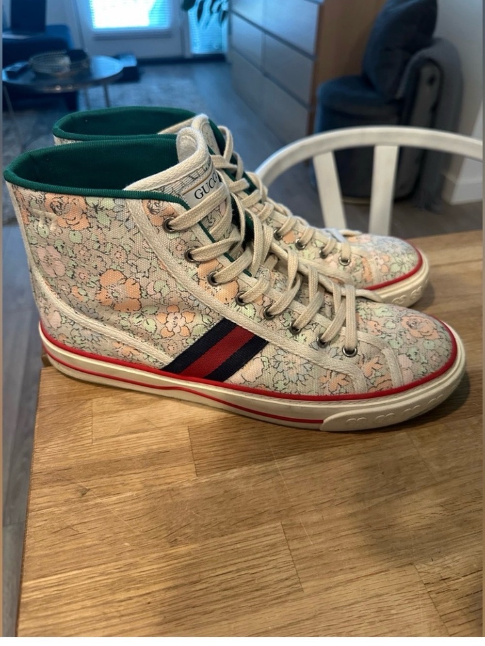 Gucci Pink Floral High-Top Sneakers with Navy & Red Stripe